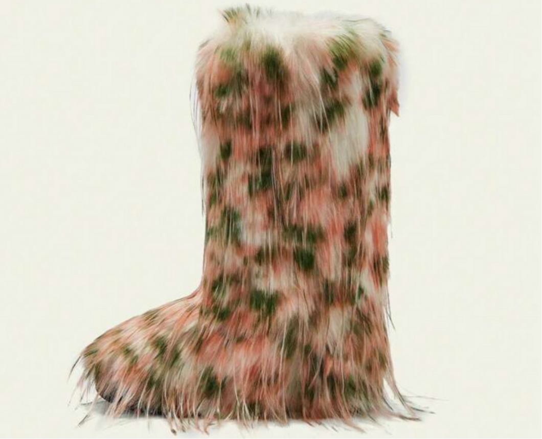 Tan Tall Pink/Green Fur Boots